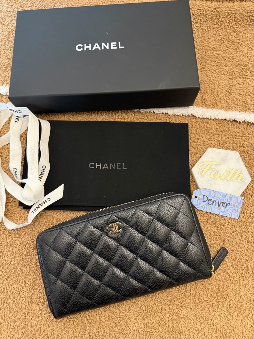 CHANEL Black Quilted Caviar Leather Zip Around Wallet with Gold CC